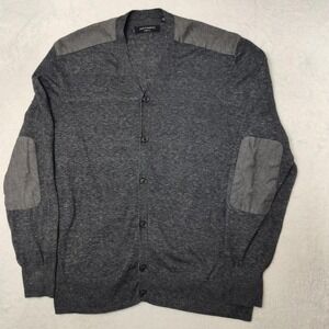 AllSaints Cardigan Mens Medium Gray V-Neck Lightweight Collarless Elbow Patches